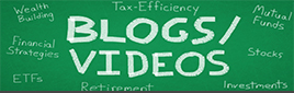 Green chalkboard with large white text stating Blogs/Videos.  Other smaller words are also written on the chalkboard such as: ETFs, Retirement, Investments, Mutual Funds, Stocks, Tax-Efficiency, Wealth Building and Financial Strategies.